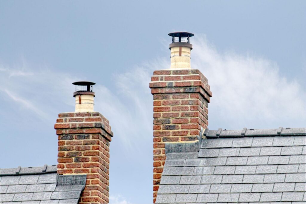 Brick chimneys with sealed crowns and metal caps rising above a slate roof.