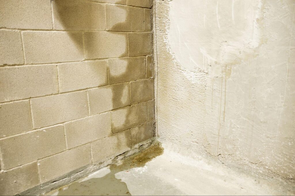 Water seeping from the wall-to-floor joint of a basement foundation, a real leak.